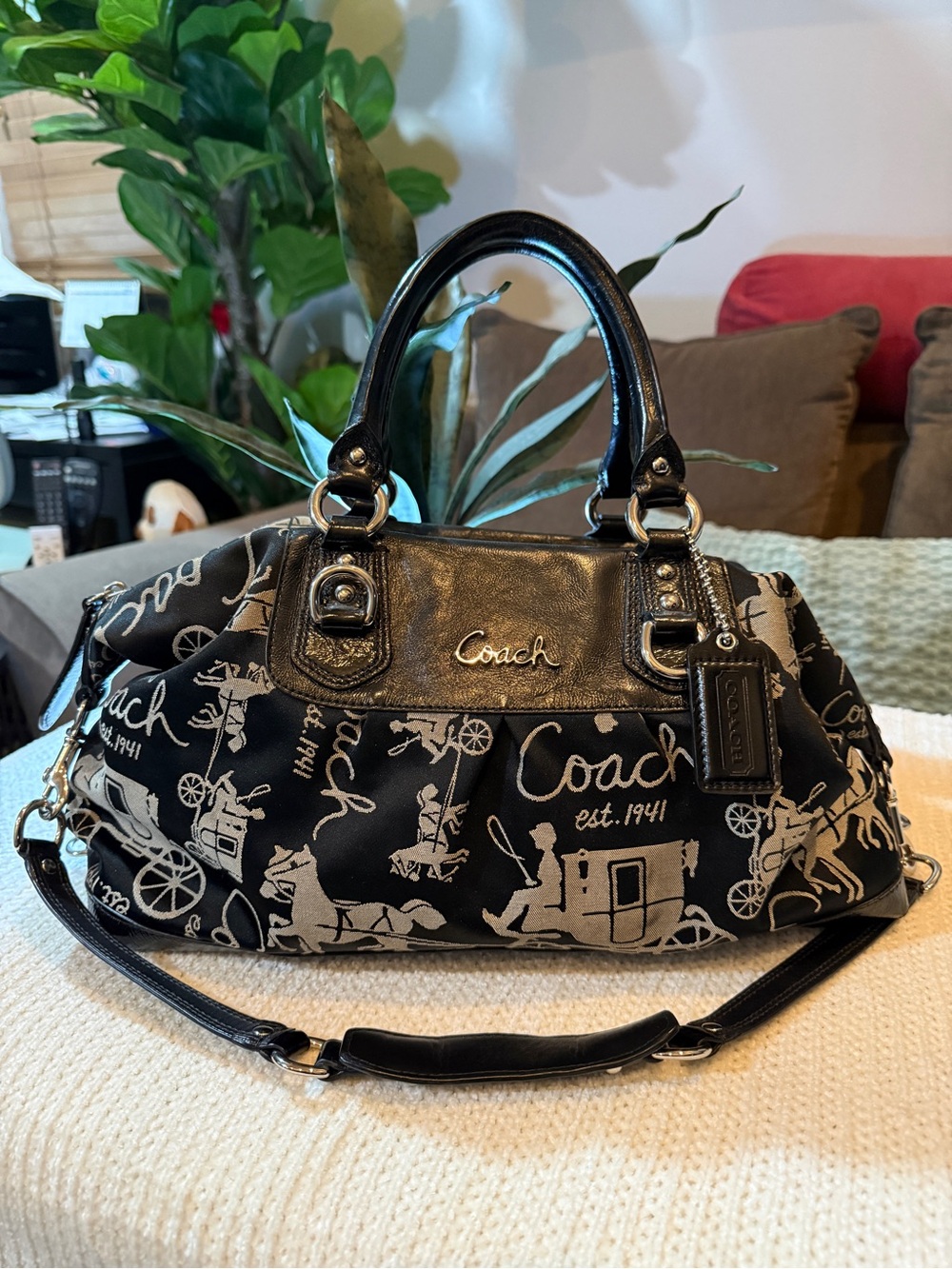 Coach Black and Cream Carriage Print Satchel